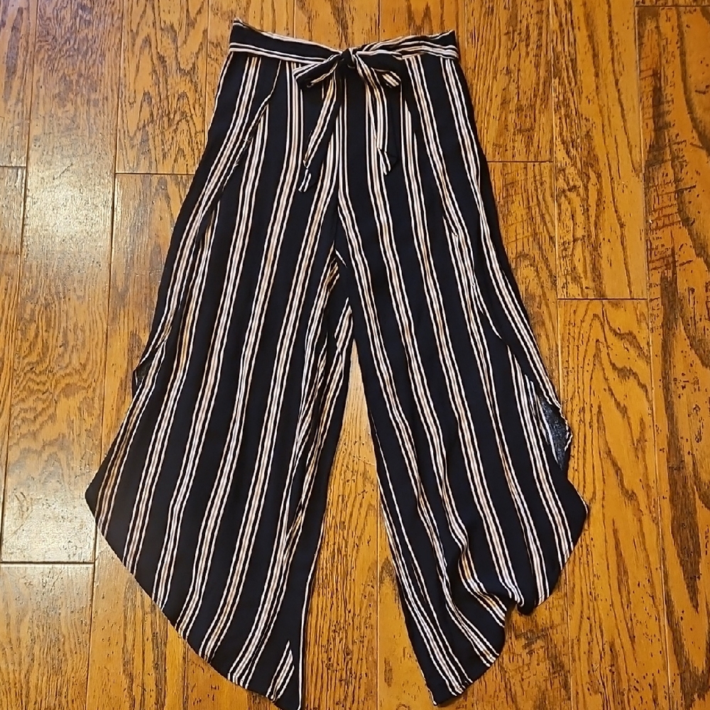 Striped Black and White Women's Flyaway Pants with Bow Waist